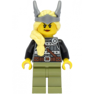 viking warrior - female dark bluish gray and silver armor olive green legs bright light yellow hair with winged tiara