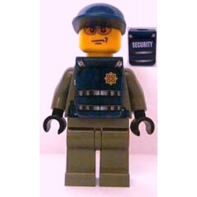 police - security guard dark gray legs dark blue cap dark blue vest with security and badge pattern stickers