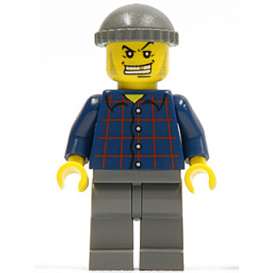 plaid button shirt dark gray legs dark gray knit cap white teeth with gold tooth stubble armored car bandit