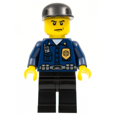 police - world city patrolman dark blue shirt with badge and radio black legs black cap