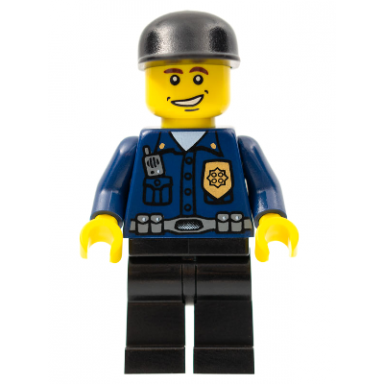police - world city patrolman dark blue shirt with badge and radio black legs black cap smile