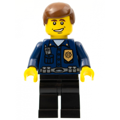 police - world city patrolman dark blue shirt with badge and radio black legs brown male hair smile