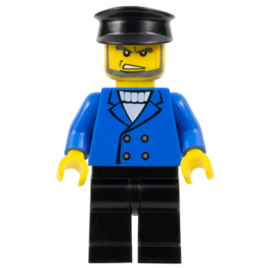 hovercraft pilot - male blue jacket black legs black police hat beard