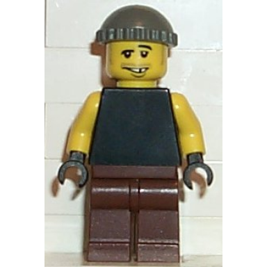 plain black torso with yellow arms brown legs dark gray knit cap