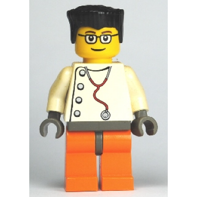 doctor - stethoscope with 4 side buttons orange legs black flat top hair glasses