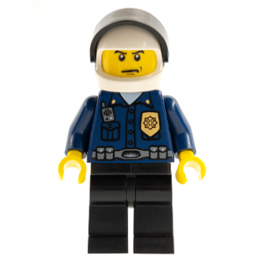 police - world city patrolman dark blue shirt with badge and radio black legs white helmet black visor