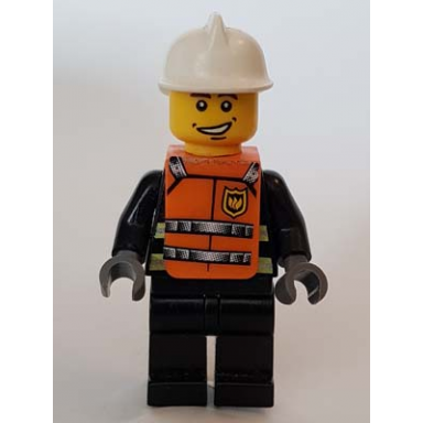 reflective stripes black legs white fire helmet smile orange vest with straps and fire logo and fire pattern stickers