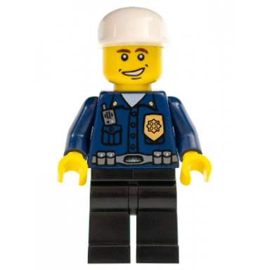 police - world city patrolman dark blue shirt with badge and radio black legs white cap