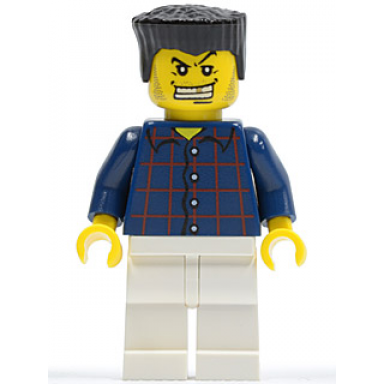 plaid button shirt white legs black flat top white teeth with gold tooth stubble