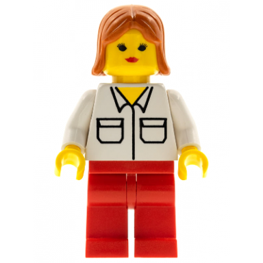 shirt with 2 pockets red legs dark orange female hair