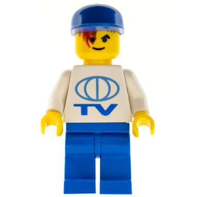 tv logo large pattern on front lego soccer logo on back blue legs blue cap