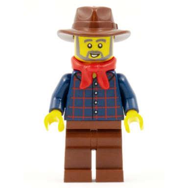 gold prospector - male dark blue plaid button shirt reddish brown legs reddish brown fedora hat red bandana beard