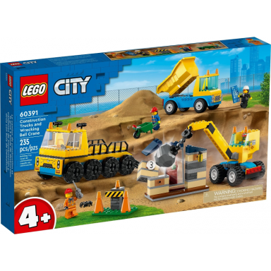 construction trucks and wrecking ball crane