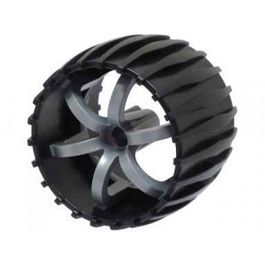 black wheel hard plastic treaded 49.5mm d x 37.5mm with molded flat silver spokes pattern
