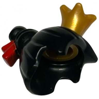 black minifigure hair female with bun and bangs with molded gold crown and printed red hair clip pattern