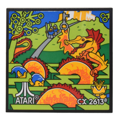 tile 6 x 6 with bottom tubes with game cartridge dragon holding key minifigures maze and white atari logo and cx 2613 pattern sticker - set 10306