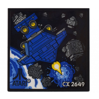 tile 6 x 6 with bottom tubes with game cartridge blue spaceship dark bluish gray asteroids and black atari logo and white cx 2649 pattern sticker - set 10306