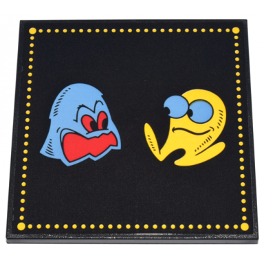 black tile 6 x 6 with bottom tubes with yellow pac-man and medium blue ghost inky with red eyes and open mouth characters and yellow dotted border pattern sticker - set 10323