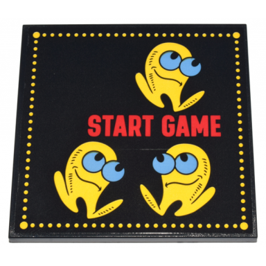 black tile 6 x 6 with bottom tubes with red start game and yellow pac-man characters with medium blue eyes and dotted border pattern sticker - set 10323