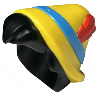 minifigure hair combo hair with hat short hair with quiff with molded yellow hat and dark azure band and printed red feather pattern