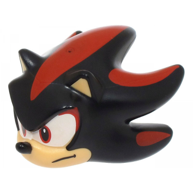 minifigure head modified hedgehog shadow with molded medium tan face and inner ears and printed red streaks eyes on white background black nose and closed mouth pattern