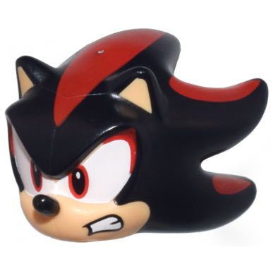 minifigure head modified hedgehog shadow with molded medium tan face and inner ears and printed red streaks eyes on white background black nose and open mouth scowl pattern