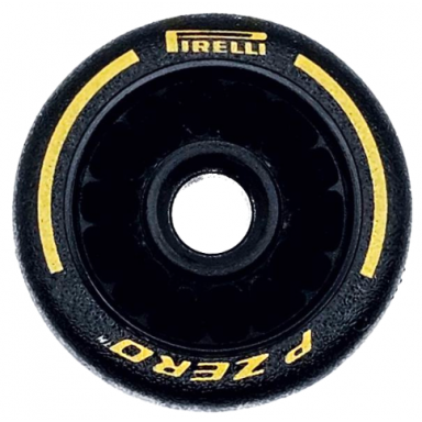 black wheel 24 x 13.4 with pin hole with molded black hard rubber tire and printed yellow pirelli p zero and arcs pattern