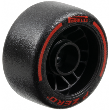 wheel 24 x 13.4 with pin hole with molded black hard rubber tire and printed red pirelli p zero and arcs pattern