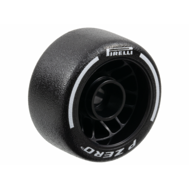 wheel 24 x 13.4 with pin hole with molded black hard rubber tire and printed white pirelli p zero and arcs pattern