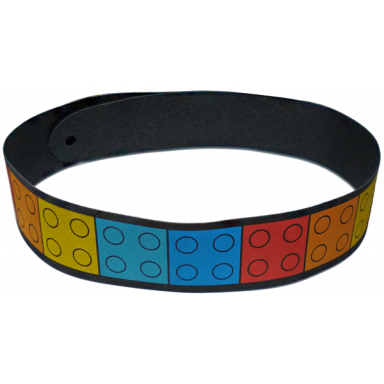 cloth camera strap with 2 holes and red orange yellow medium azure and dark azure 2 x 2 plates pattern