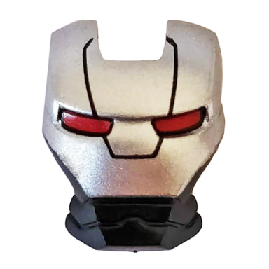 black minifigure visor top hinge with silver face shield red eyes black trapezoid pattern