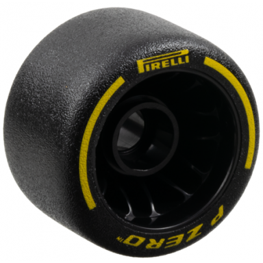 wheel 24 x 14.9 with pin hole with molded black hard rubber tire and printed yellow pirelli p zero and arcs pattern