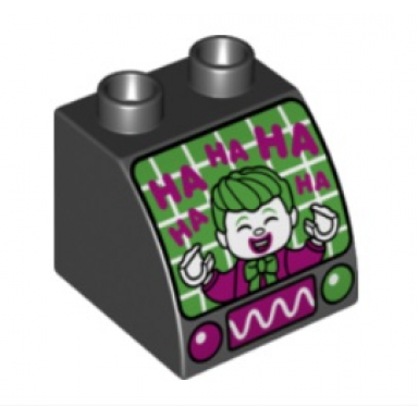 black duplo brick 2 x 2 x 1 1 2 slope curved with oscilloscope controls and screen with the joker laughing pattern