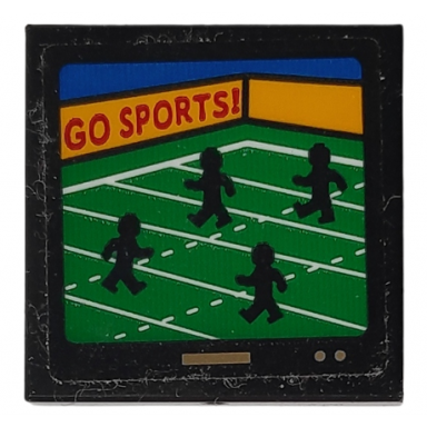 black tile modified 2 x 2 inverted with tv screen with go sports! and 4 silhouettes of minifigures on rugby pitch pattern sticker - set 10292
