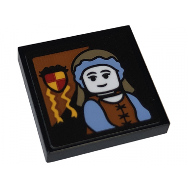 black tile modified 2 x 2 inverted with portrait of female minifigure and gryffindor crest on dark orange triangle pattern sticker - set 76409