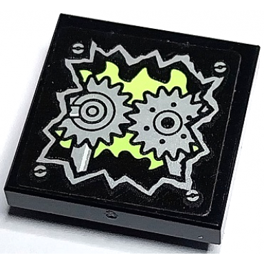 black tile modified 2 x 2 inverted with silver exposed gears screws and yellowish green flames pattern sticker - set 70430
