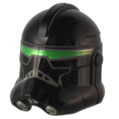 black minifigure headgear helmet sw clone trooper phase 2 with green silver and light bluish gray visor and vents pattern crosshair
