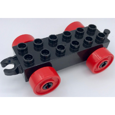 black duplo car base 2 x 6 with open hitch end and red wheels with fake bolts