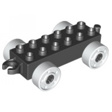 black duplo car base 2 x 6 with open hitch end and white wheels with fake bolts