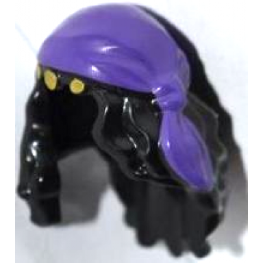 black minifigure hair female mid-length with part over front of right shoulder with dark purple cloth wrap bandana and 3 gold coins pattern