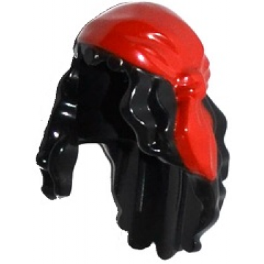 black minifigure hair female mid-length with part over front of right shoulder with red cloth wrap bandana pattern