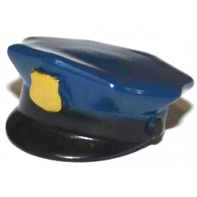 black minifigure headgear hat police with dark blue top and raised gold badge pattern
