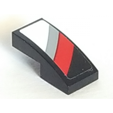black slope curved 2 x 1 x 2 3 with light bluish gray red and white diagonal stripes on black background pattern model left side sticker - set 75887