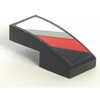 black slope curved 2 x 1 x 2 3 with light bluish gray red and white diagonal stripes on black background pattern model right side sticker - set 75887