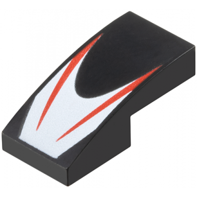 black slope curved 2 x 1 x 2 3 with 2 red stripes on white chevron pattern