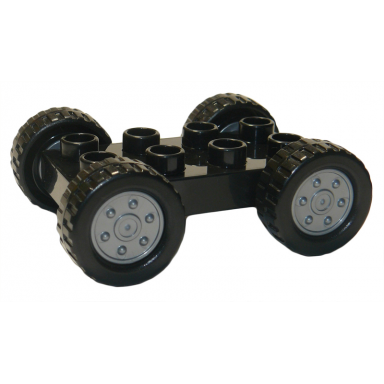 black duplo car base 2 x 4 with fixed axles black tires and flat silver wheels