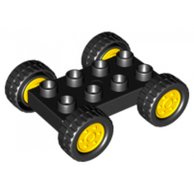 black duplo car base 2 x 4 with fixed axles black tires and yellow wheels