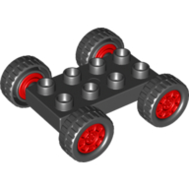 black duplo car base 2 x 4 with fixed axles black tires and red wheels