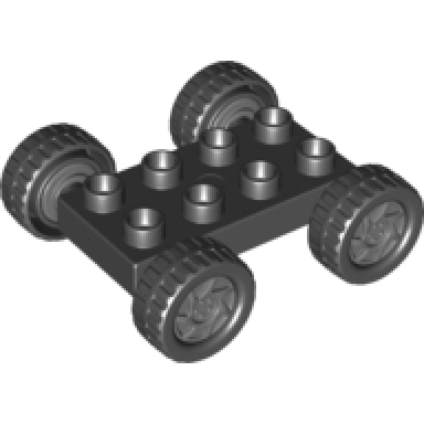 black duplo car base 2 x 4 with fixed axles black tires and dark bluish gray wheels