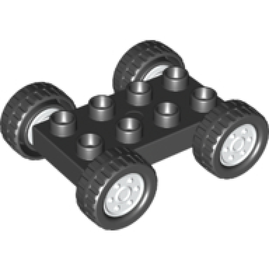 black duplo car base 2 x 4 with fixed axles black tires and white wheels